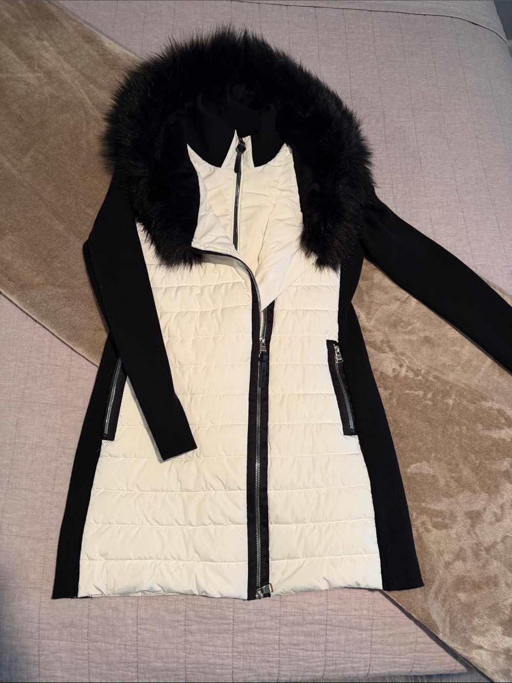 Calvin Klein Performance Black & Cream Quilted Coat with Faux Fur Hood
